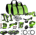 visseuse à choc Greenworks | 24 V, 2×4,0 – 2,0 Ah | Vert/Noir, Kit 10 outils brushless: perceuse – scie circ | scie sabre