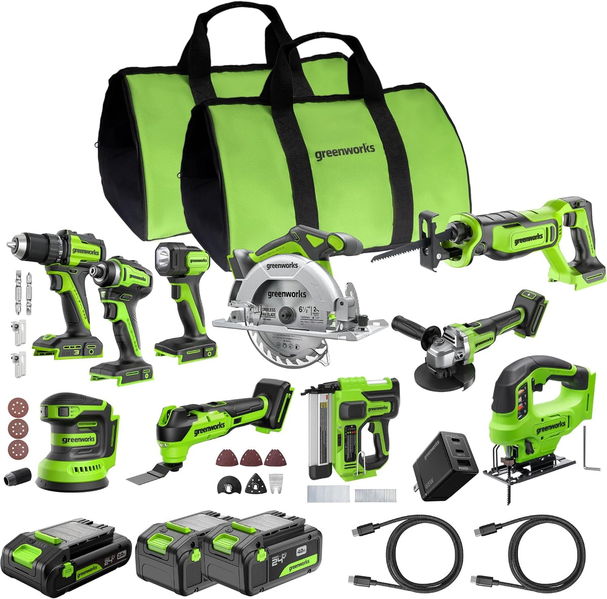 visseuse à choc Greenworks | 24 V, 2×4,0 – 2,0 Ah | Vert/Noir, Kit 10 outils brushless: perceuse – scie circ | scie sabre