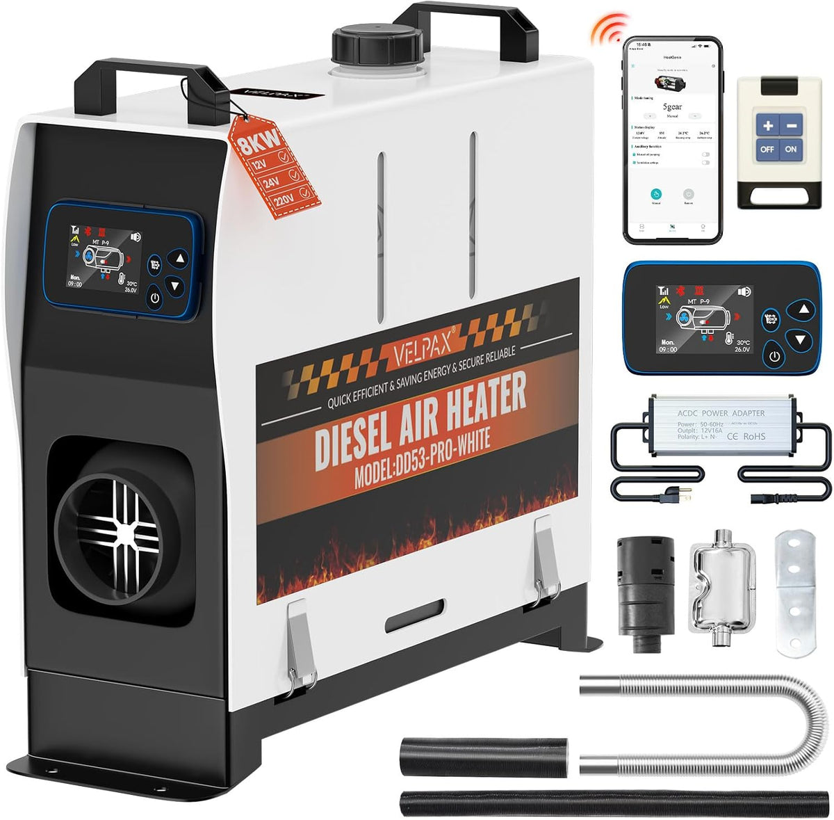 ventilation et climatisation VELPAX – 8 KW | 12 V, 220 V – 0,52 L | 20 m, Noir/Blanc, Chauffage Diesel /24/ Tout-en-Un Portable Chauffage à Air