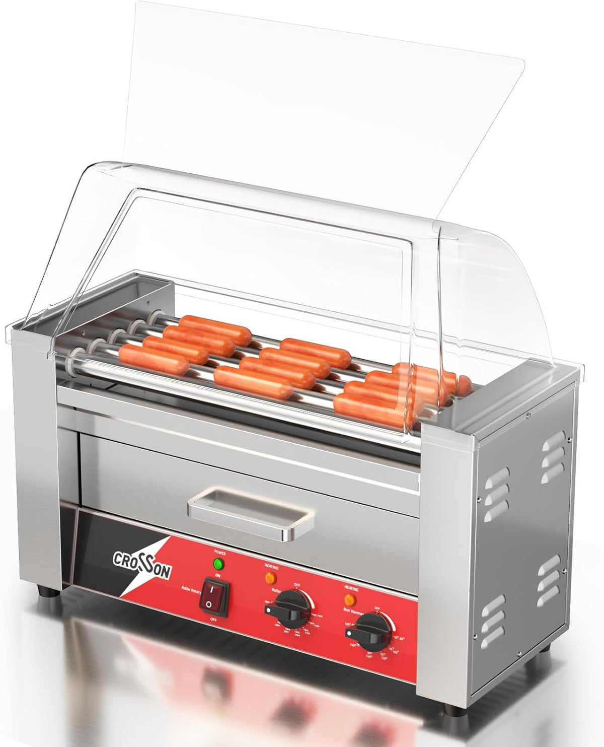 Électroménager spécialisé crosson – 1050 W | Argent/Rouge/Transparent, Machine à Hot Dog Professionnel 5 Rouleaux avec Tiroir Chauffant à Pains