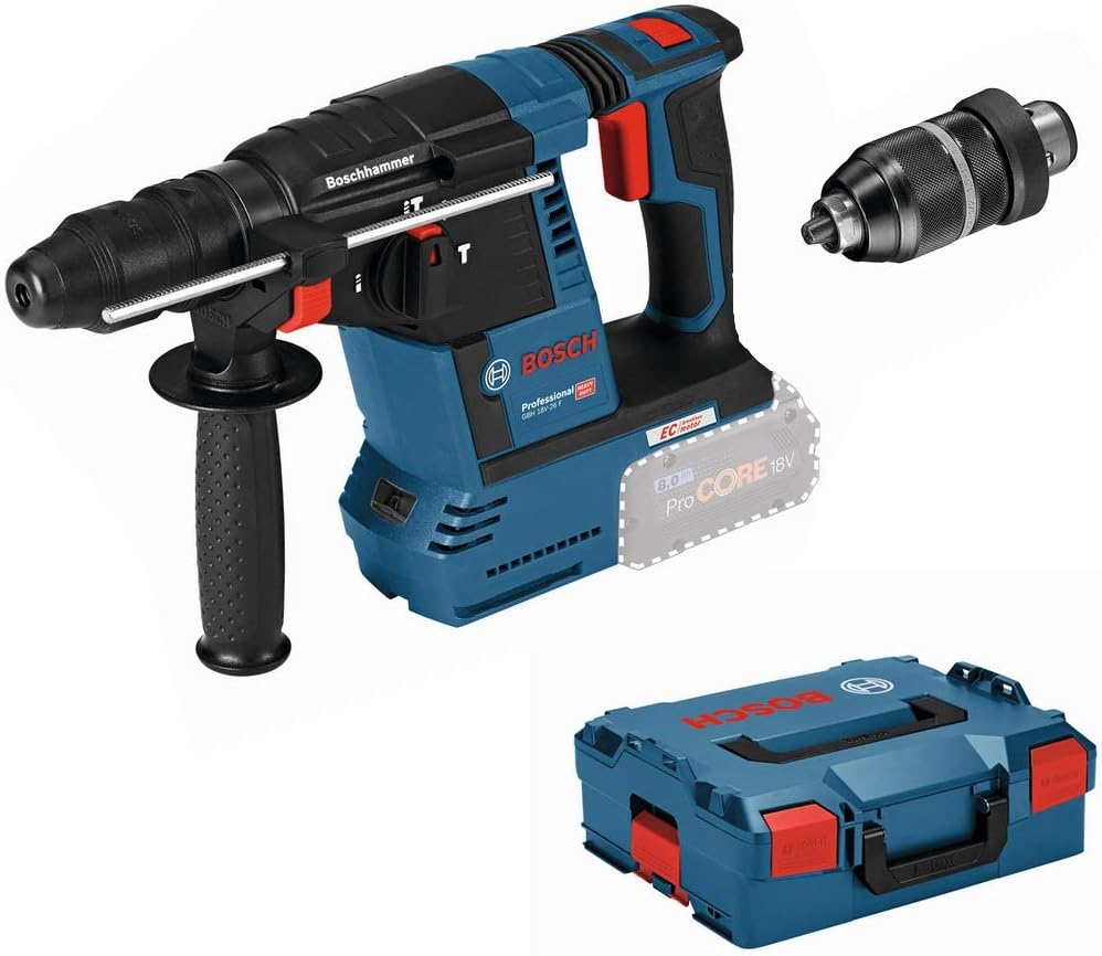 Outillage électroportatif Bosch Professional – 18 V | Bleu/Noir/Rouge, System perforateur sans-fil GBH -26 F (avec poignée auxiliaire