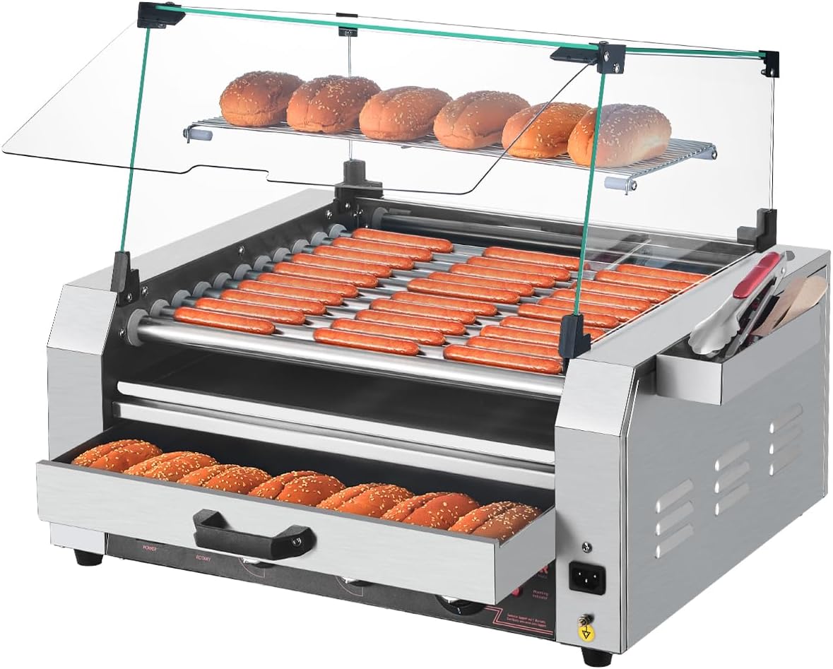 VEVOR Électroménager spécialisé, Argent/Orange – Rouleau à hot-dogs | 11 rouleaux, 30 hot-dogs – machine à griller les saucisses en acier inox
