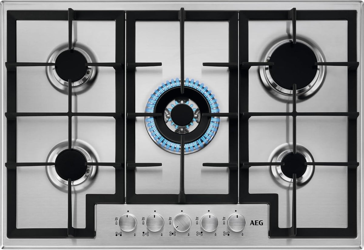 Tables de cuisson AEG – 75 cm | Noir/Argent, HGB75400SM Slim Line Plateau de cuisson à gaz – acier inoxydable