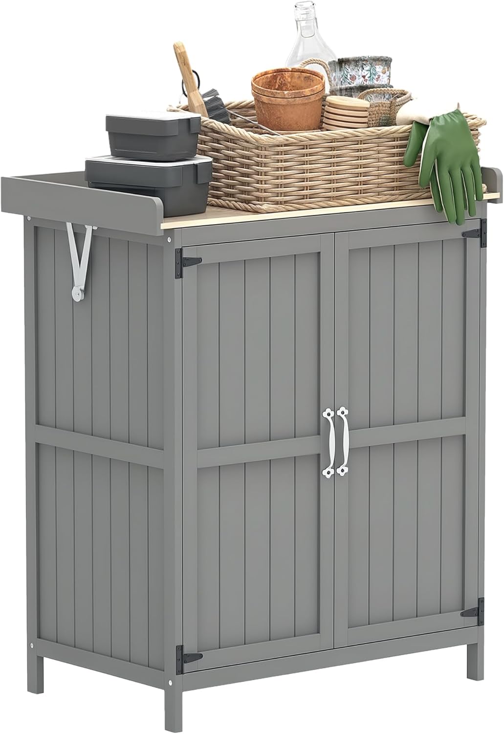 armoire Outsunny, 74 x 43 x 88 cm – Gris | de Jardin en Bois avec 2 Portes, étagère et Toit à charnières – Dessus en Acier Inoxydable