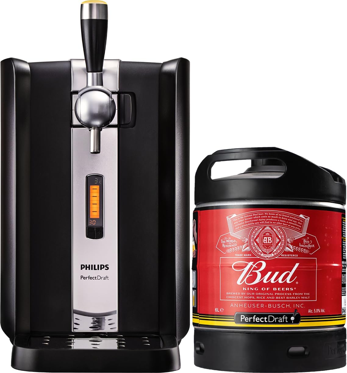PerfectDraft réfrigérateur, frigo – 6 L | Noir/Argent, Pack Tireuse À Bière + 1 Fût Bud – Machine Pression À Domicile