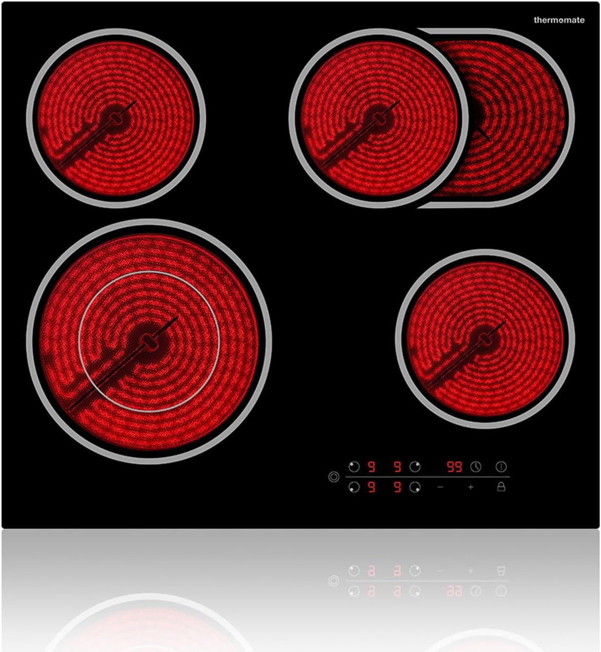 table de cuisson thermomate, plaque de cuisson – 60 cm | 6600 W, Noir/Rouge – Vitrocéramique 4 Feux Encastrable Plaque Vitrocéramique Intégré