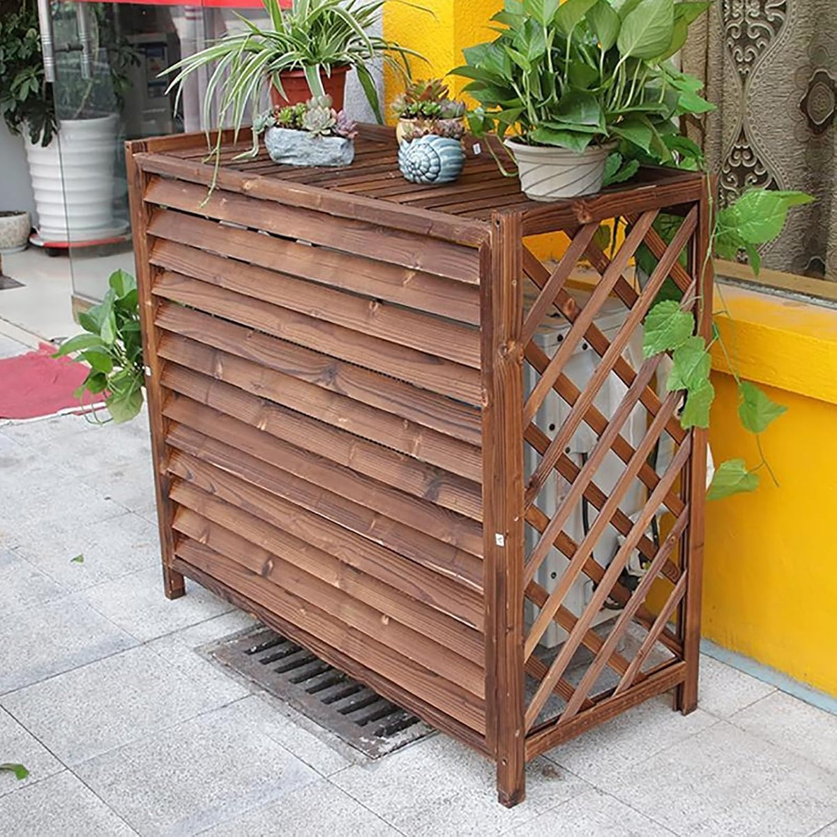 cache climatiseur Cache – climatiseur | 110 x 50 x 145 cm, Marron – climatiseur extérieur et Support à Fleurs en Bois Massif