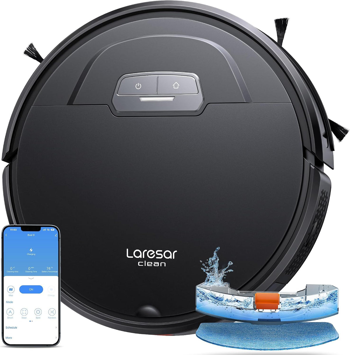 robot aspirateur Laresar Clean | 7,6 cm, Noir/Bleu – Evol 3 Aspirateur Robot Laveur 4500Pa | Ultra Silencieux & Ultra Fin