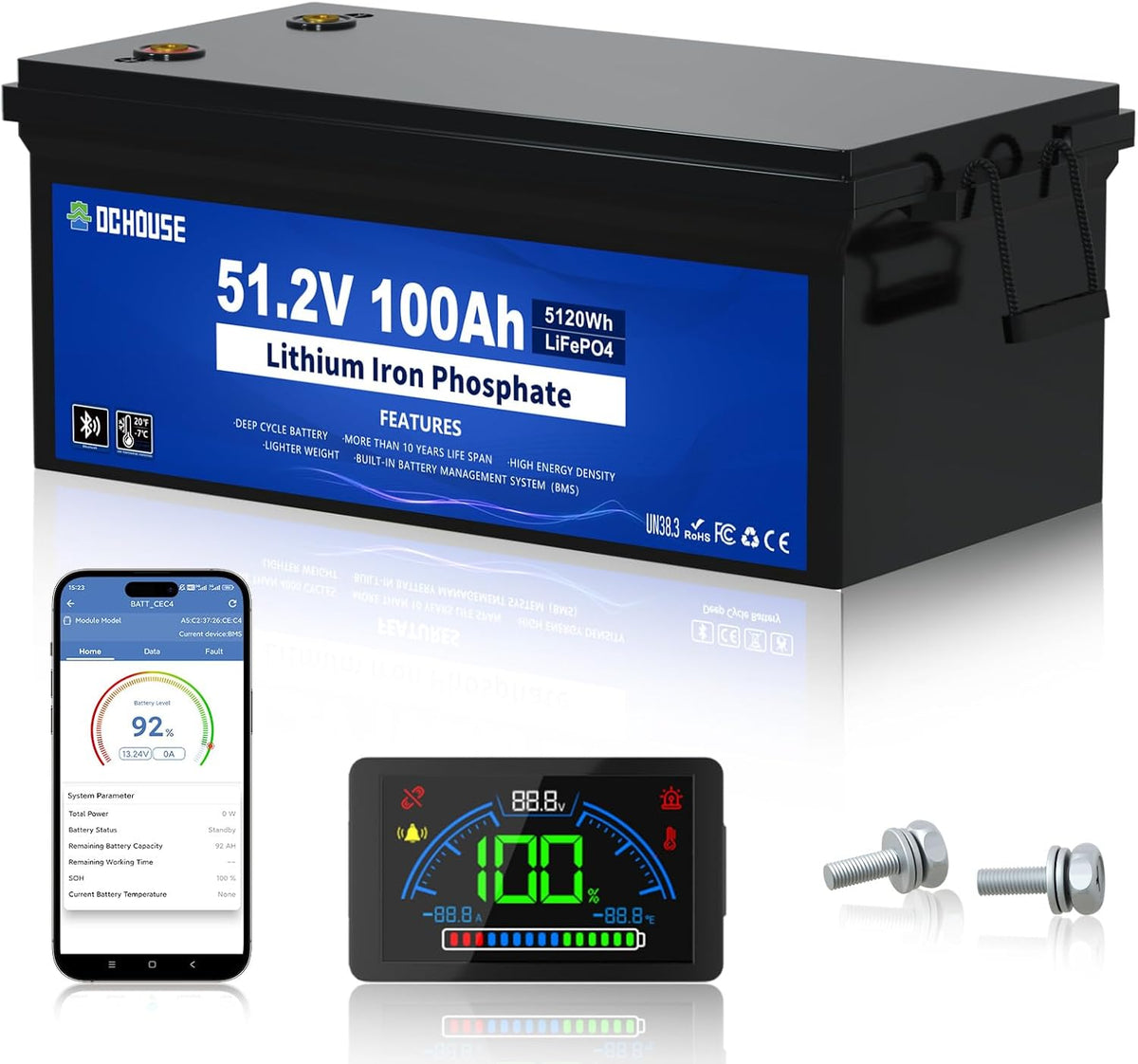 DCHOUSE batterie, 48 V – 100 Ah | Noir/Bleu, moniteur LCD et application mobile Bluetooth – courant de crête 600A