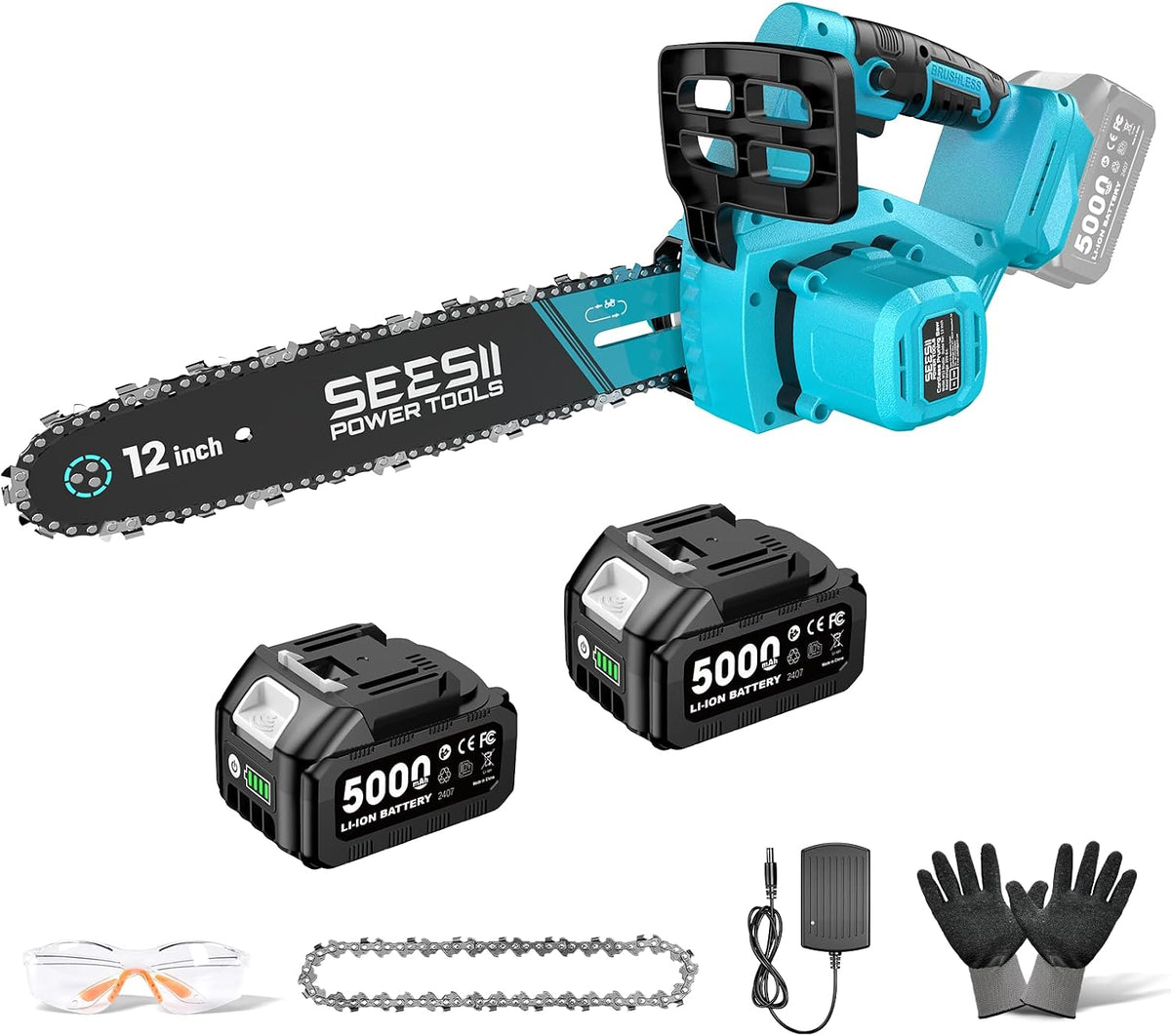 tronçonneuse Seesii | 12 Pouces, 2×5.0 – Noir/Bleu | Électrique avec Ah Batteries, Lubrification Automatique & Tension de Chaîne Sans Outil