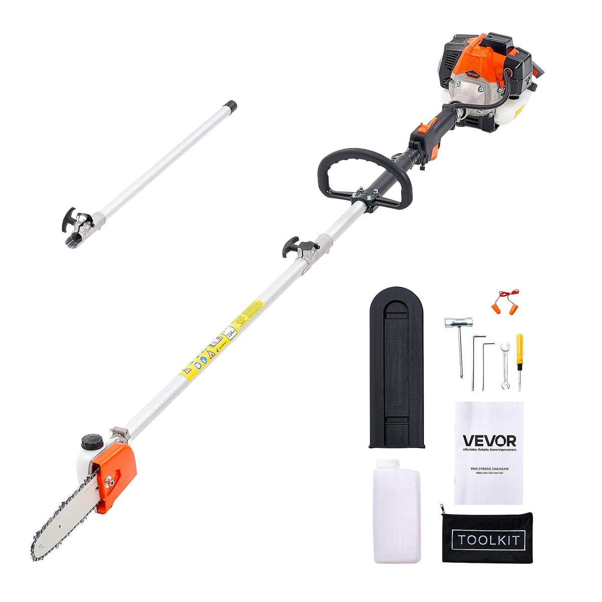 Outillage de jardin motorisé VEVOR – 1,2 CV | 2 m, 2,74 m – 20,3 cm | 650 ml, Orange/Argent/Noir – Élagueuse Thermique sur Perche à 2 Temps