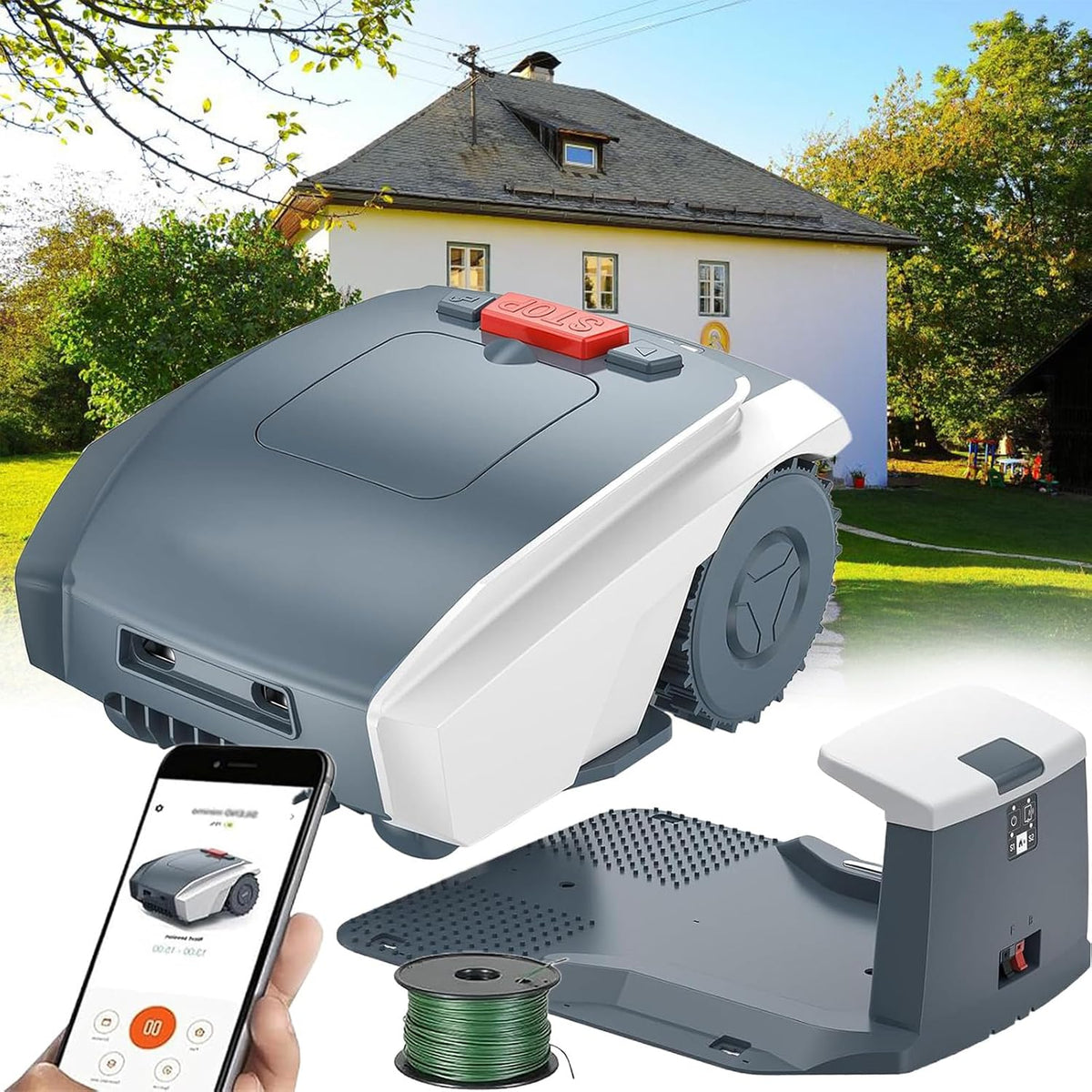 tondeuse à gazon Fablestoryem – 1500M | Gris/Blanc, Robotisée 18-RM - Coupe Jusqu'à ² – Tonte Ultra Silencieuse