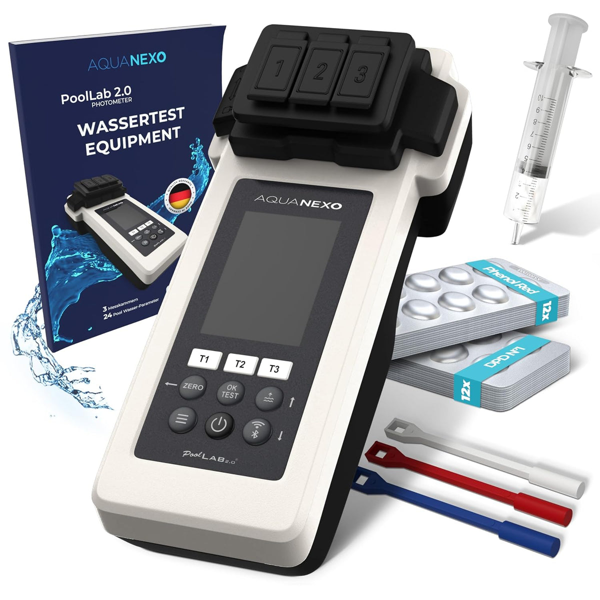 Produits de mesure AQUANEXO – Noir/Blanc | Poollab 2.0 + 240 pastilles de test, chlore et pH – testeur de piscine
