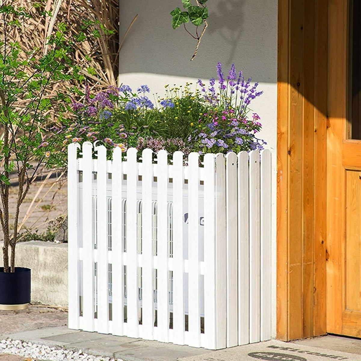 cache climatiseur DSEWTEZXI – Blanc | Cache clim exterieur avec support pour pot de fleurs, en bois cache pompe a chaleur extérieur