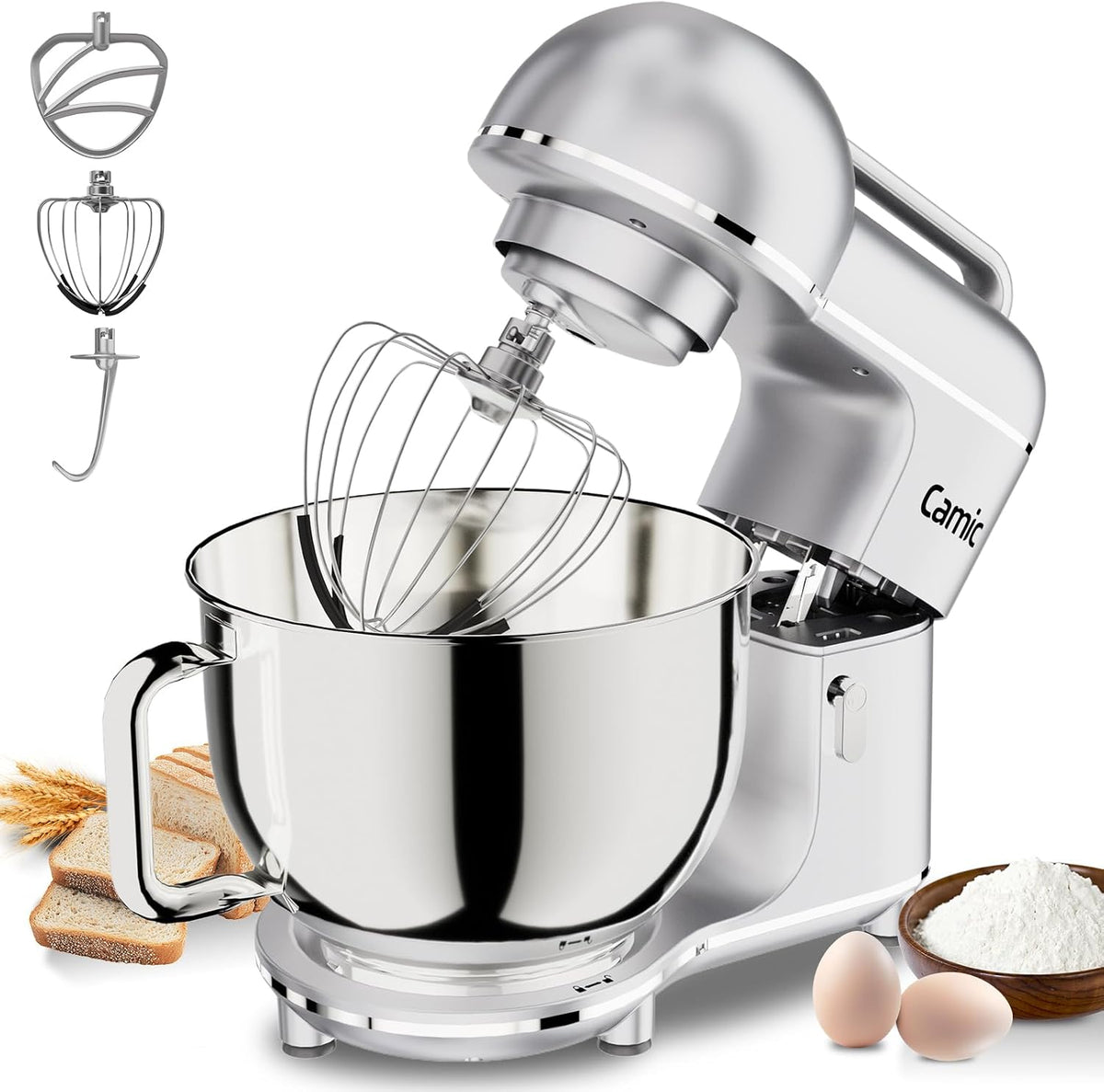 robot pâtissier Camic | 2000 W, 7 L – Argent | 10 niveaux de vitesse avec poignée de transport, bol mélangeur en inox ( )