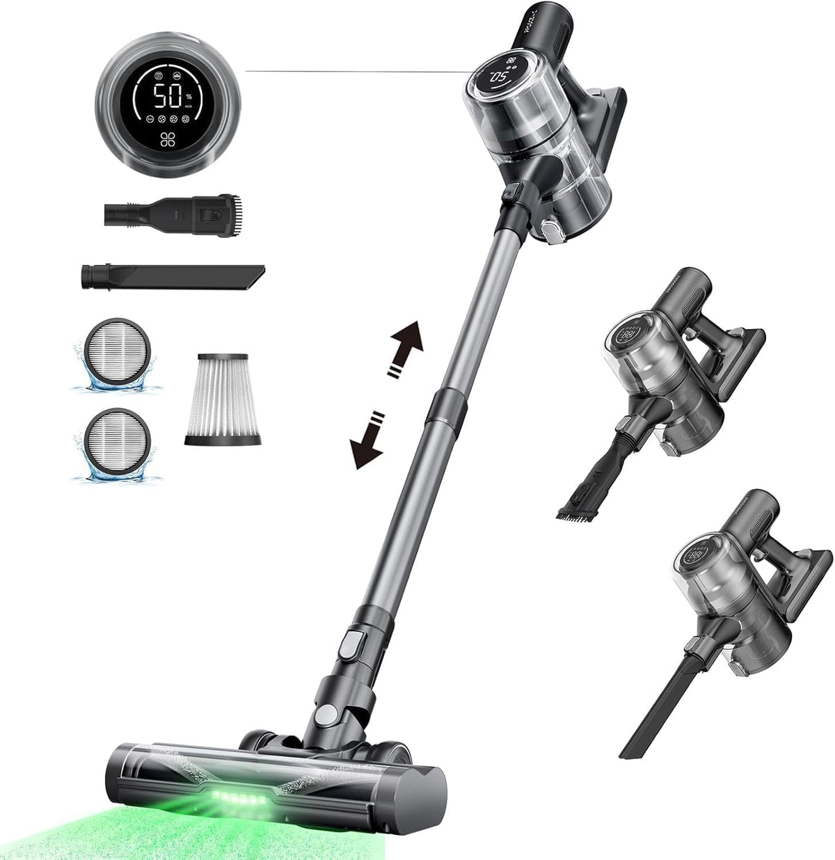 aspirateur balai sans fil Proscenic | 550 W, Noir/Argent – 45000Pa Aspirateur sans Fil Puissant avec LED GreenEye